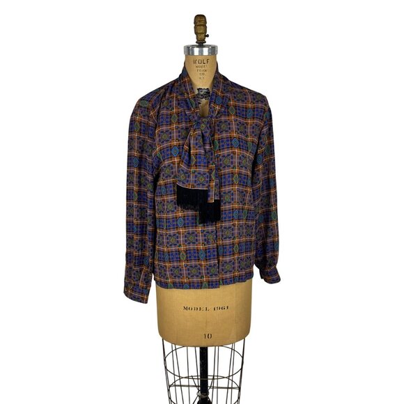 Vintage Tops - Vintage 80s Southwestern Top Womens M Blue Brown Fringe Necktie Blouse